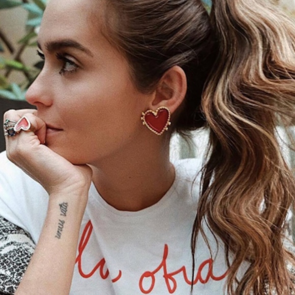 'Be Mine' Gold Studded Red Heart Earrings - Picture 2 of 4